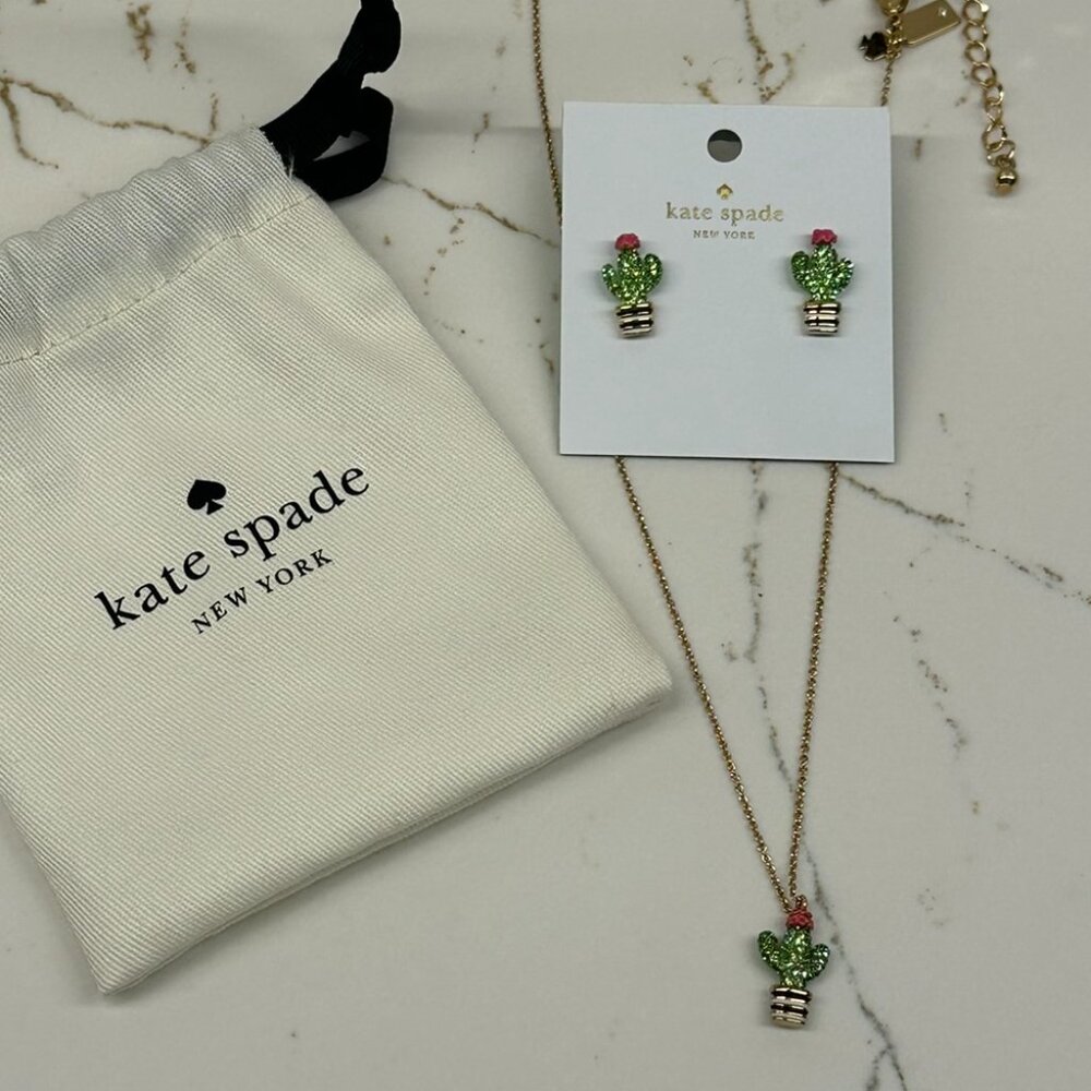 NWT Kate Spade Scenic Route Gold Plated Pave Cactus Necklace & Stud Earrings Set